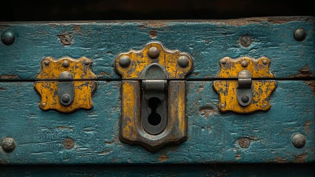 Antique Wooden Box with Ornate Metal Lock and Fittings.