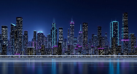 Night cityscape skyline illustration with neon lights and modern architecture