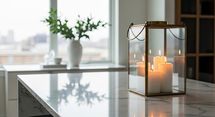 Elegant Glass Lantern with Candles on Marble Countertop