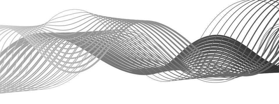 Abstract continuous wave of fine gray lines forming a horizontal sinusoidal pattern. Varying density and 3D motion illusion. Minimalist geometric design with sound, frequency, and data aesthetic.