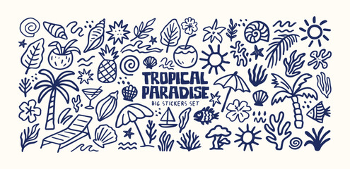 Tropical paradise shapes in retro cartoon style. Summer beach elements: palm trees, coconuts, sun, shells, fish, umbrellas, lounge chairs and leaves. Illustration in linear style, trendy stickers

