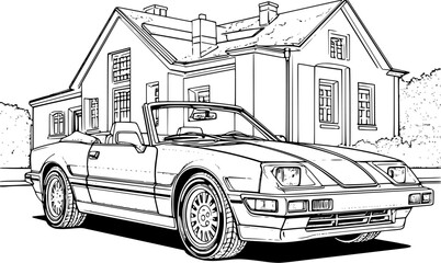 Abstract retro car on urban background, in black and white ink drawing style for adult coloring book