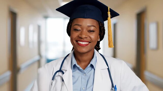 Image of a cheerful African American woman in a graduation cap and medical gown, beaming with joy as she proudly displays her diploma in a hospital corridor