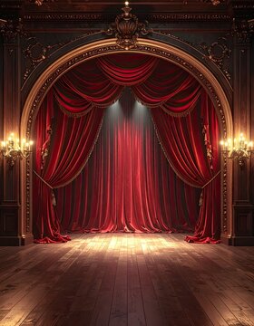 Grand theater stage with red velvet curtains, ornate gold trim, and wood floor
