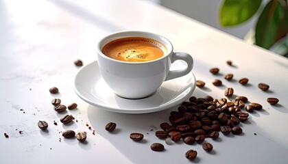 Fototapeta premium Espresso in white cup on saucer, roasted beans scattered on white surface