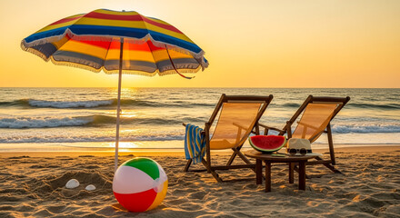 Beach vacation sunset with beach chairs umbrella and watermelon stock photo