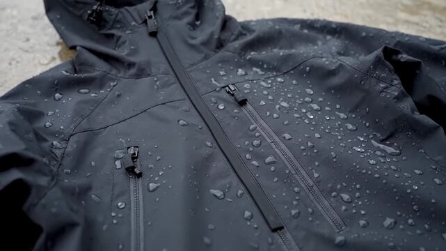 Testing the durability of a black jacket, this material is both waterproof and windproof. The breathable fabric of the raincoat displays water drops forming beads on its surface