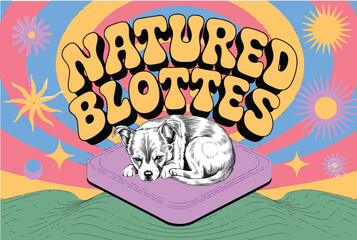 NATURED BLOTTES Graphic with Sleeping Dog | Psychedelic Typography and Dreamy Pet Illustration for T-Shirts, Posters and Whimsical Designs