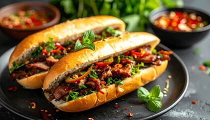 Grilled pork sandwiches on a dark plate