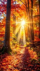 Fototapeta premium Sunlit path through a vibrant autumn forest with colorful leaves and beams