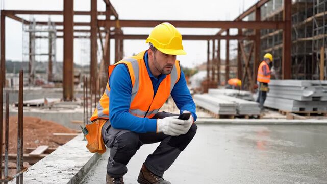 Man wearing a hard hat and safety vest is crouching on a concrete slab at the construction site, taking a break to check his smartphone before getting back up