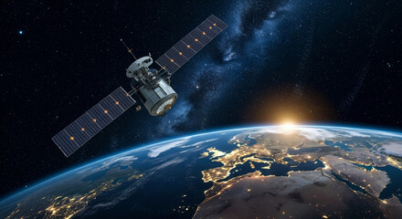 Satellite orbiting earth image for space exploration and technology concept