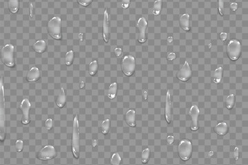 Seamless, realistic water drops. raindrops pattern on transparent background. water drop, Bubbles, and liquid elements for design. Falling elements on glass.
