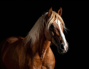Regal brown horse portrait with blonde mane and black backdrop
