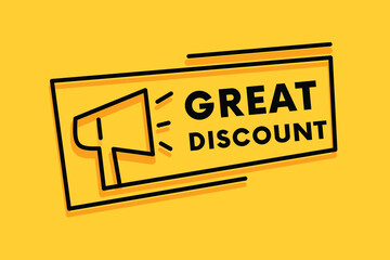 Great discount badge banner for announce, business, ad. Colourful element with megaphone illustration design.