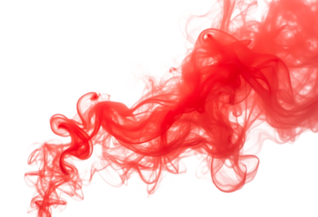 Abstract red smoke or ink swirling in water against white background, creating fluid dynamic patterns