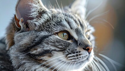 Close-up of a tabby cat's head, focused on its eye. Soft lighting