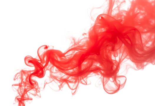 Abstract red smoke or ink swirling in water against white background, creating fluid dynamic patterns