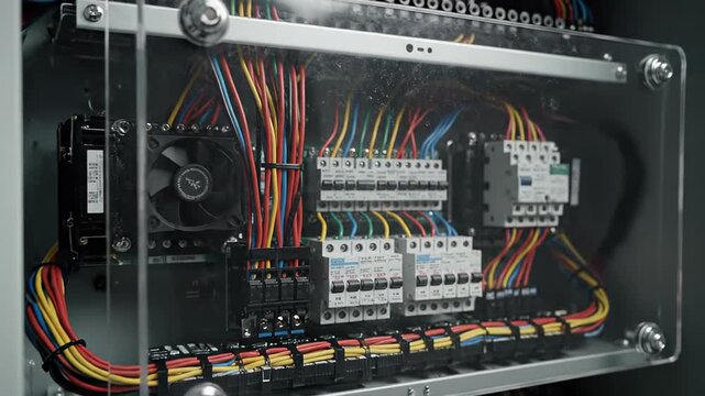 Inside look at an electrical enclosure showcasing circuit breakers and relays. The vibrant wiring is carefully connected to different terminals within the control panel