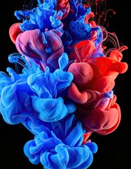 Fototapeta premium Vibrant blue and red ink swirls with black background