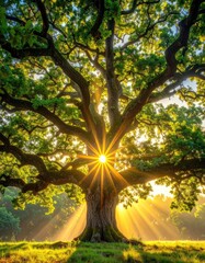 Majestic, ancient oak tree with the sun shining through branches