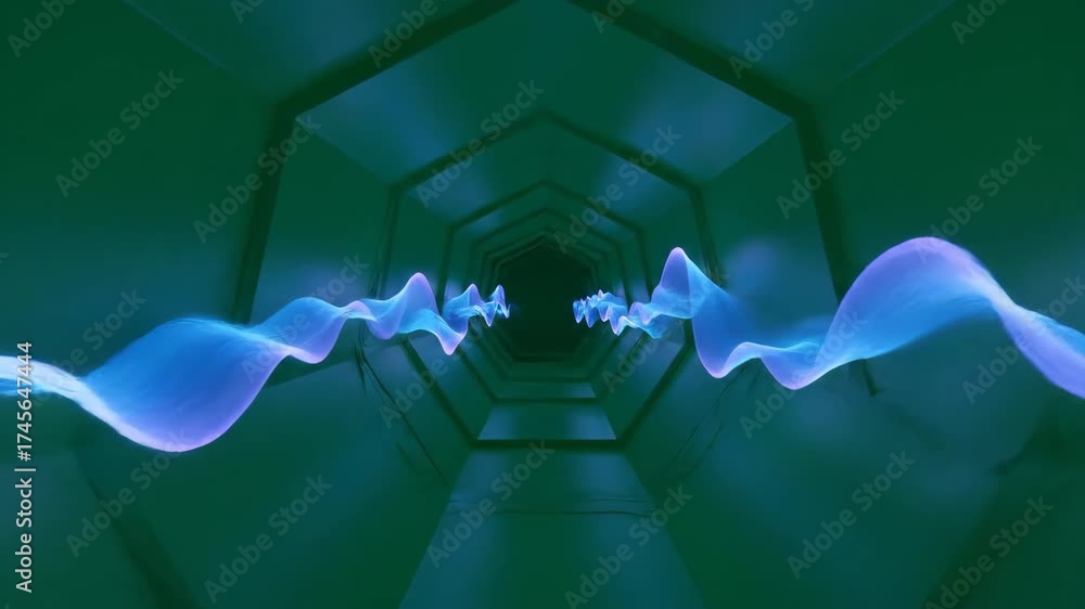 Sticker fluid light waves slowly pulsating through a hexagon tunnel on green screen modern, optical, animati