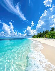 Tropical beach scene with turquoise water, white sand, and blue sky