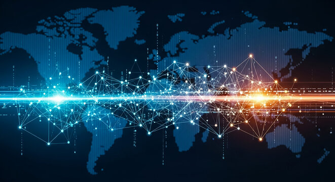 Global network connection technology background with world map and data flow