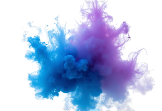 Abstract colorful explosion of blue and purple powder on white background, freeze motion of dust splash