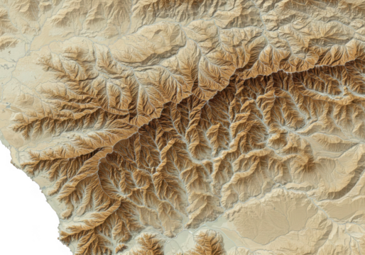 Detailed topographic map of rugged mountainous terrain with deep canyons isolated on transparent background