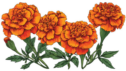 Vibrant Four Orange Marigold Flowers and Green Leaves Vector Illustration