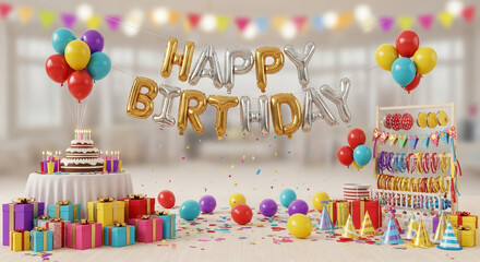 Happy birthday party celebration with cake balloons gifts and decorations