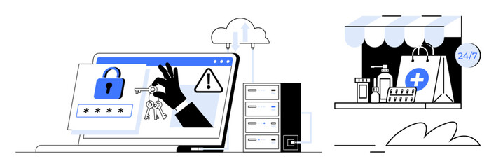 Laptop with lock, keys, warning, cloud server, and 247 storefront imagery emphasize online security risks and data encryption. Ideal for cybersecurity, online retail, data privacy, e-commerce