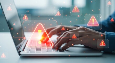 Cyber security warning concept with glowing alert icons over laptop