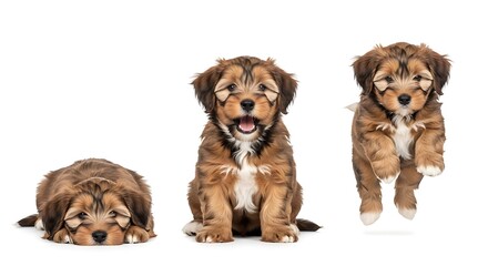 Obraz premium Adorable brown and white fluffy puppy in three different poses on white background.