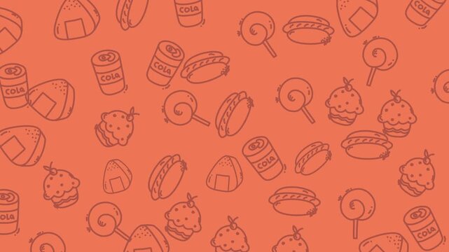 Geometric seamless pattern of junk food like cola cans and rice balls repeating. Ideal for packaging design, backgrounds, and textile prints.