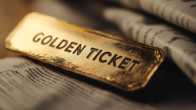 A golden ticket rests atop an open book, inviting possibilities and exciting journeys. An exciting journey may be beginning soon!