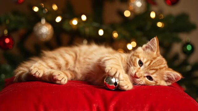 Adorable ginger kitten lying on a red pillow playing with a jingle bell. A decorated Christmas tree with glowing lights provides a warm background