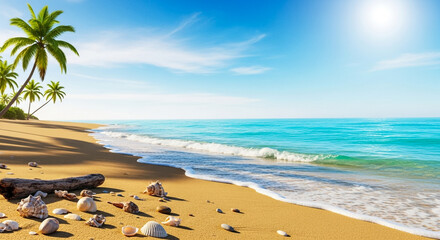 Tropical beach paradise with palm trees, turquoise sea, and seashells photo