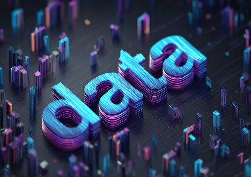 Data" word in 3D with a cityscape backdrop, vibrant colors
