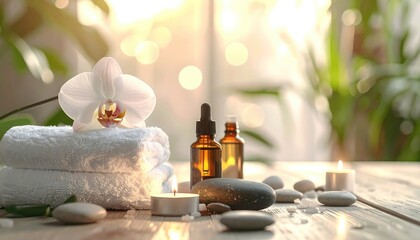 Spa scene orchid on towels, oils, candles, and stones with sunlight