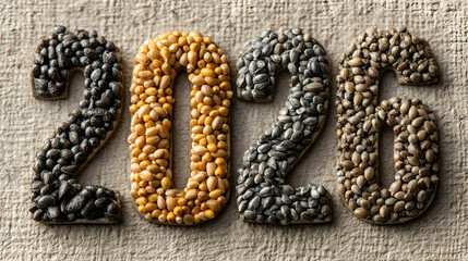 Number for Year 2026 Made from a Variety of Healthy Grain and Seed on a Fabric Background