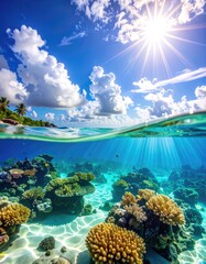 Vivid split-view above, a sunny beach with clouds, and underwater coral reefs