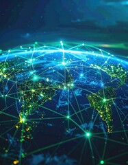 Digital world globe with interconnected lines, representing global networks & data
