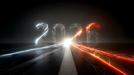 Digital Plexus Number for Year 2026 with a Light Trail on a Dark Road to the Future