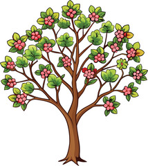 Whimsical tree with pink blossoms and lush green leaves illustration