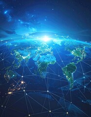 Global network illustration, digital world view, planet earth with bright lights and connections