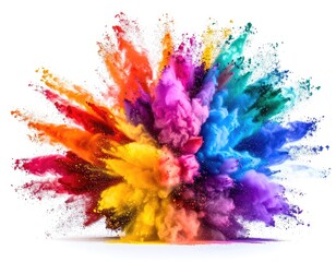 Colorful powder explosion, vibrant hues bursting, white background