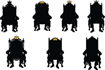 Silhouettes of Royalty Seated on Ornate Thrones Wearing Gold Crowns, Monarchy, Power, King, Queen, Authority, Medieval, Leadership, Black and White, Regal

.