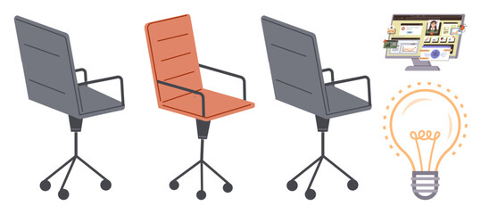 Three swivel office chairs, workspace monitor with design elements, and glowing light bulb. Ideal for creativity, teamwork, brainstorming, productivity, inspiration, office culture and innovation